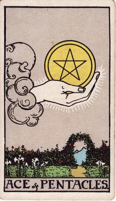 The Ace of Pentacles tarot card (Rider–Waite–Smith, 1909)