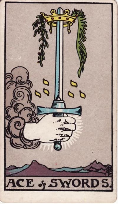 The Ace of Swords tarot card (Rider–Waite–Smith, 1909)