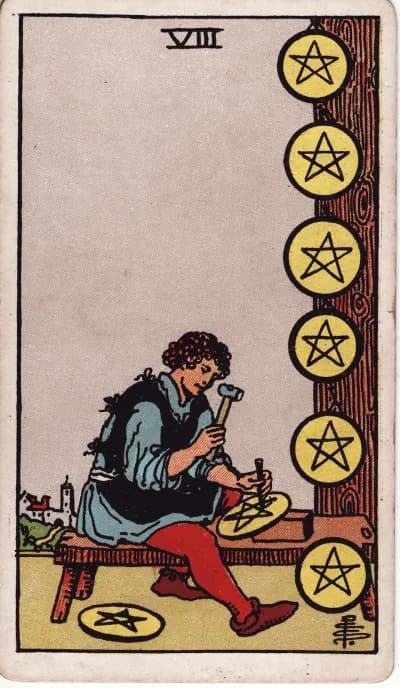 The Eight of Pentacles tarot card (Rider–Waite–Smith, 1909)
