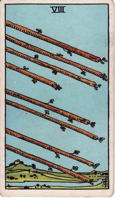 The Eight of Wands tarot card (Rider–Waite–Smith, 1909)