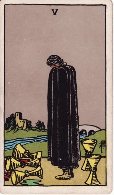 The Five of Cups tarot card (Rider–Waite–Smith, 1909)