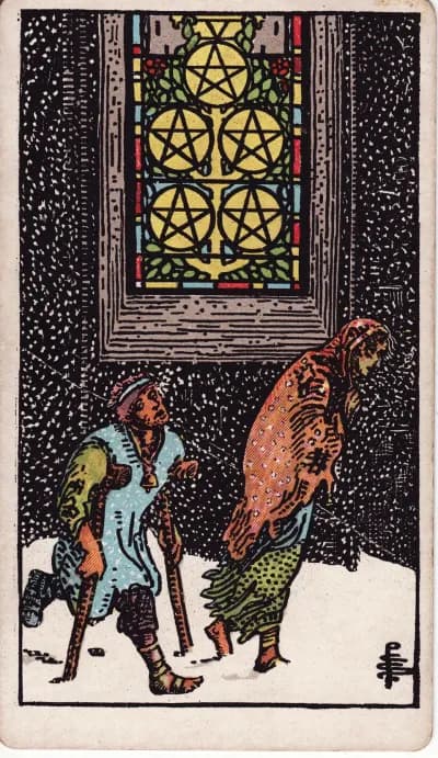 The Five of Pentacles tarot card (Rider–Waite–Smith, 1909)