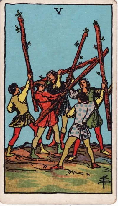 The Five of Wands tarot card (Rider–Waite–Smith, 1909)