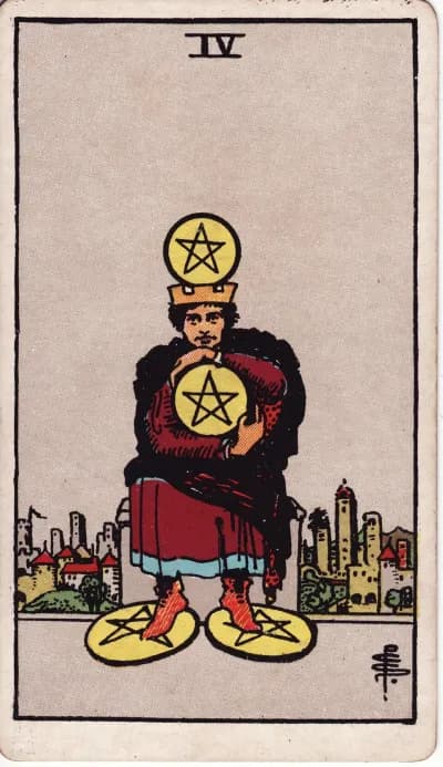 The Four of Pentacles tarot card (Rider–Waite–Smith, 1909)