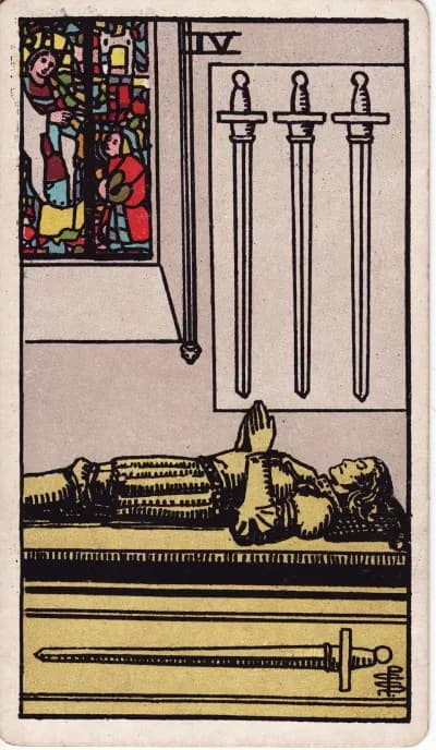 The Four of Swords tarot card (Rider–Waite–Smith, 1909)