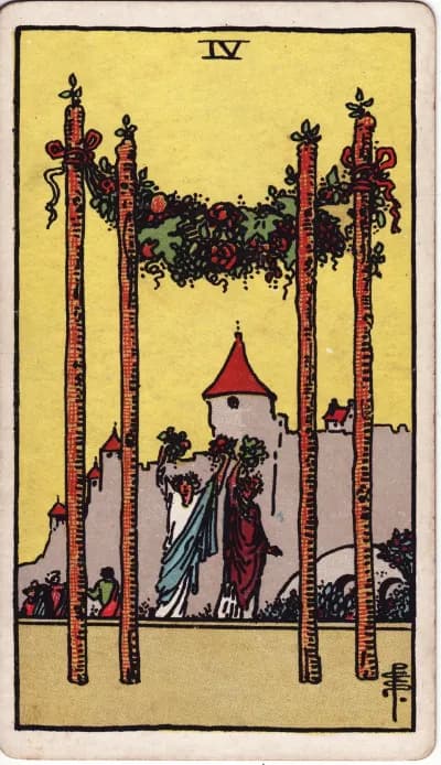 The Four of Wands tarot card (Rider–Waite–Smith, 1909)