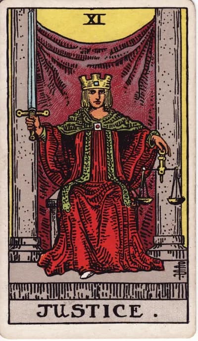 The Justice tarot card (Rider–Waite–Smith, 1909)