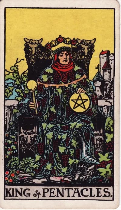 The King of Pentacles tarot card (Rider–Waite–Smith, 1909)