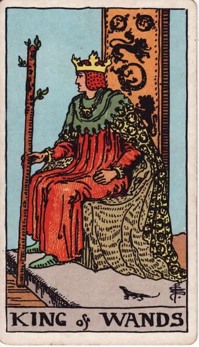 The King of Wands tarot card (Rider–Waite–Smith, 1909)