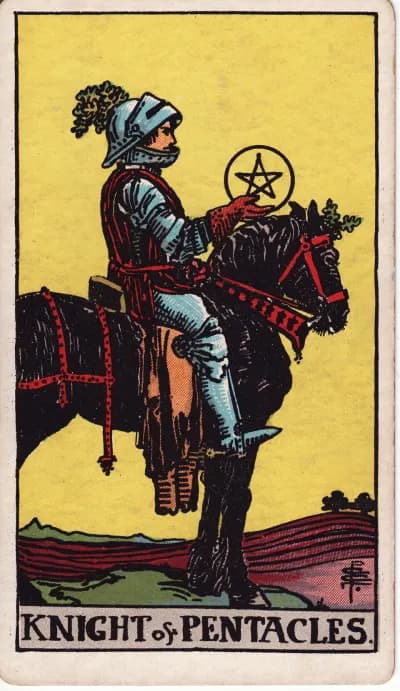 The Knight of Pentacles tarot card (Rider–Waite–Smith, 1909)