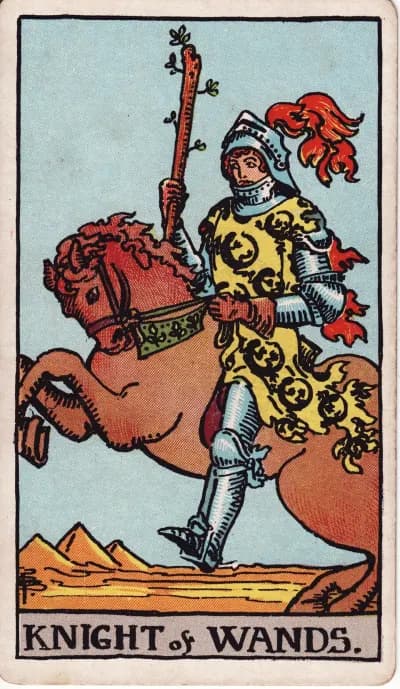 The Knight of Wands tarot card (Rider–Waite–Smith, 1909)