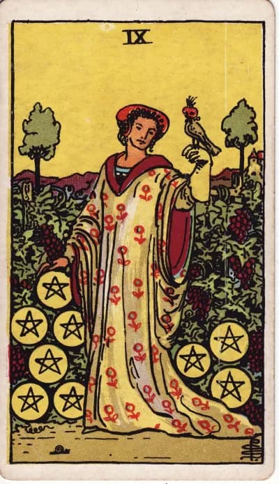 The Nine of Pentacles tarot card (Rider–Waite–Smith, 1909)
