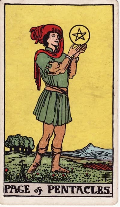 The Page of Pentacles tarot card (Rider–Waite–Smith, 1909)