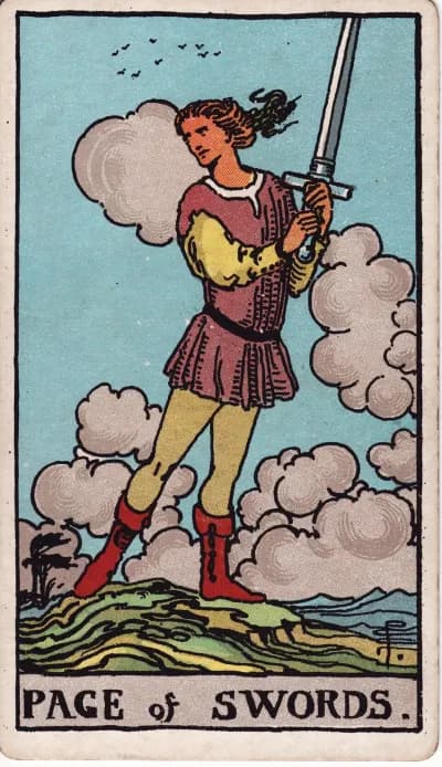 The Page of Swords tarot card (Rider–Waite–Smith, 1909)