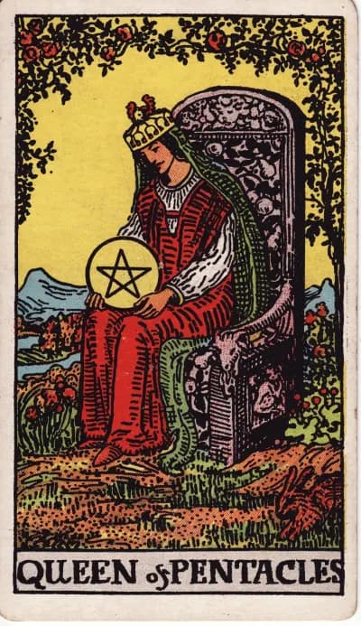The Queen of Pentacles tarot card (Rider–Waite–Smith, 1909)
