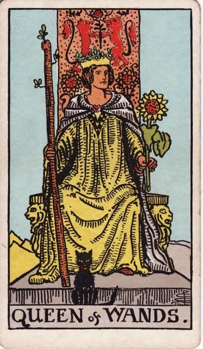 The Queen of Wands tarot card (Rider–Waite–Smith, 1909)