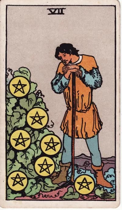The Seven of Pentacles tarot card (Rider–Waite–Smith, 1909)
