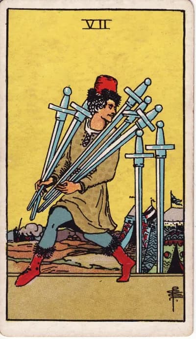 The Seven of Swords tarot card (Rider–Waite–Smith, 1909)