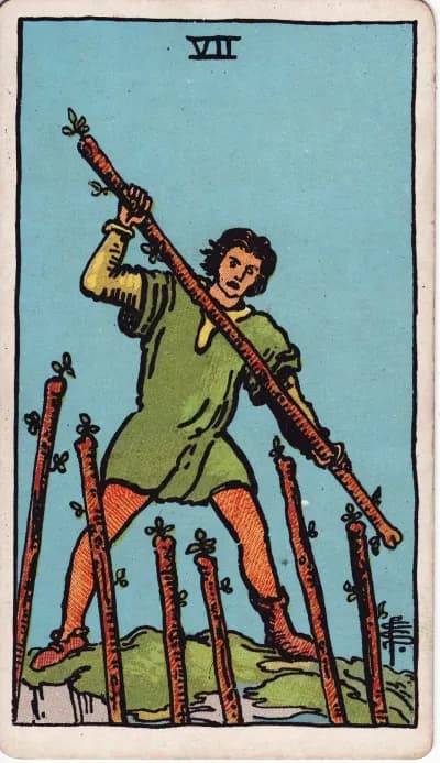 The Seven of Wands tarot card (Rider–Waite–Smith, 1909)