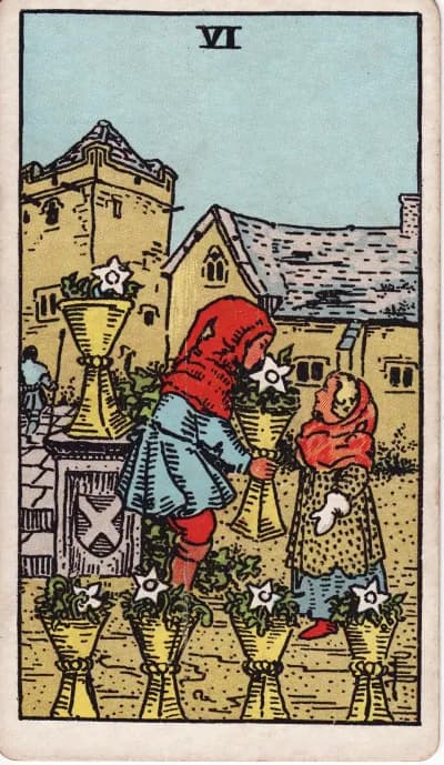 The Six of Cups tarot card (Rider–Waite–Smith, 1909)