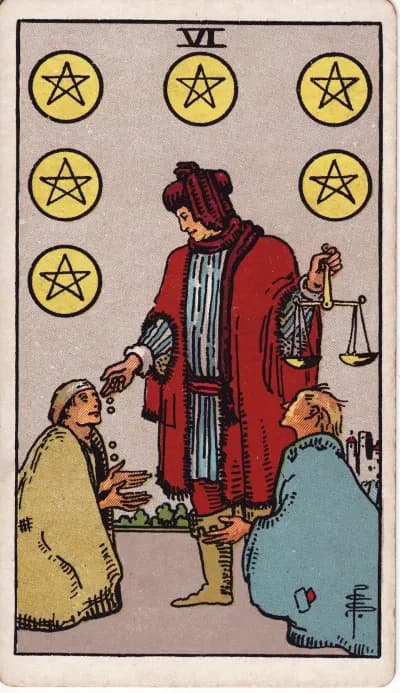 The Six of Pentacles tarot card (Rider–Waite–Smith, 1909)