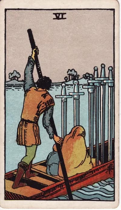 The Six of Swords tarot card (Rider–Waite–Smith, 1909)