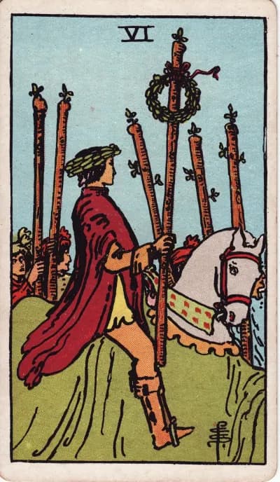 The Six of Wands tarot card (Rider–Waite–Smith, 1909)
