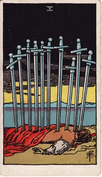 The Ten of Swords tarot card (Rider–Waite–Smith, 1909)