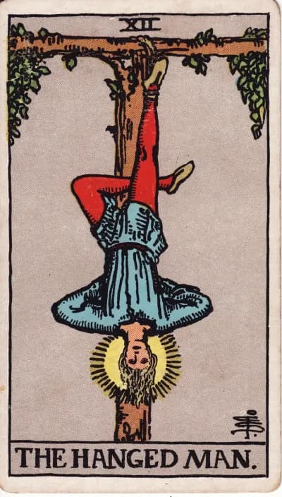 The The Hanged Man tarot card (Rider–Waite–Smith, 1909)