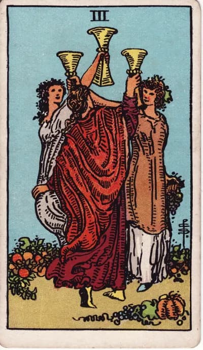 The Three of Cups tarot card (Rider–Waite–Smith, 1909)