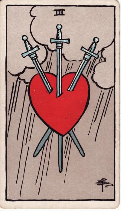 The Three of Swords tarot card (Rider–Waite–Smith, 1909)