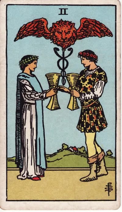 The Two of Cups tarot card (Rider–Waite–Smith, 1909)
